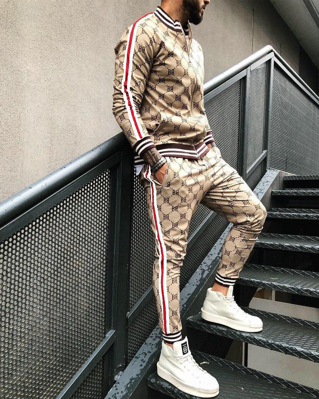 tan designer striped accents track suit jump sets