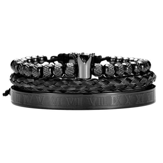 black gun metal roman numeral crown triple bracelet set