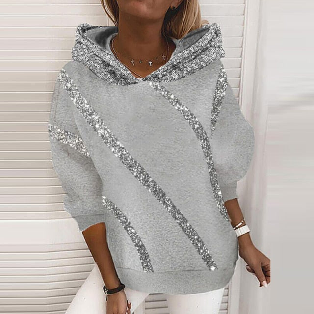 silver gray glittery warm casual hoodie women