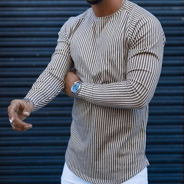 gray vertical stripe round collar long sleeve shirt men
