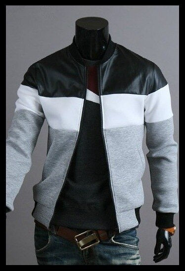 black white gray cotton and leather jacket