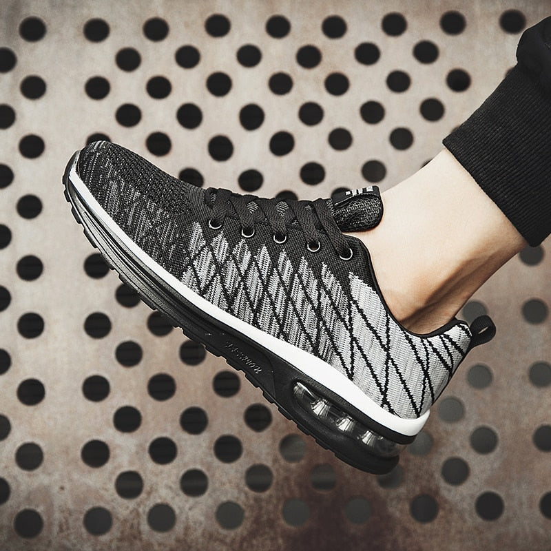 black and white striped air sole running shoes