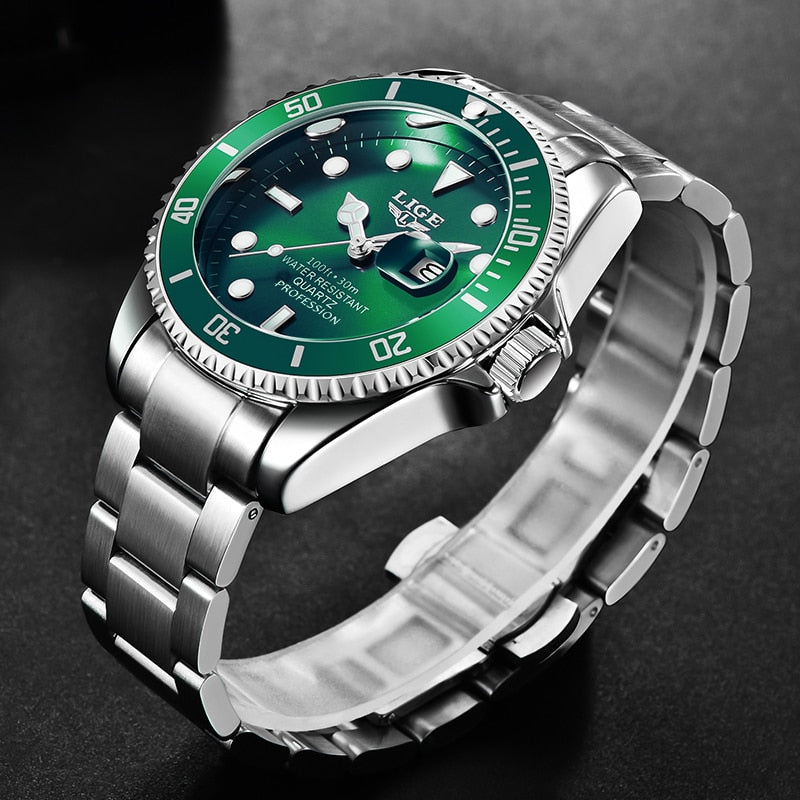 emerald green face stainless steel watch men