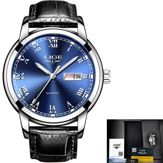 blue face black leather stainless steel watch