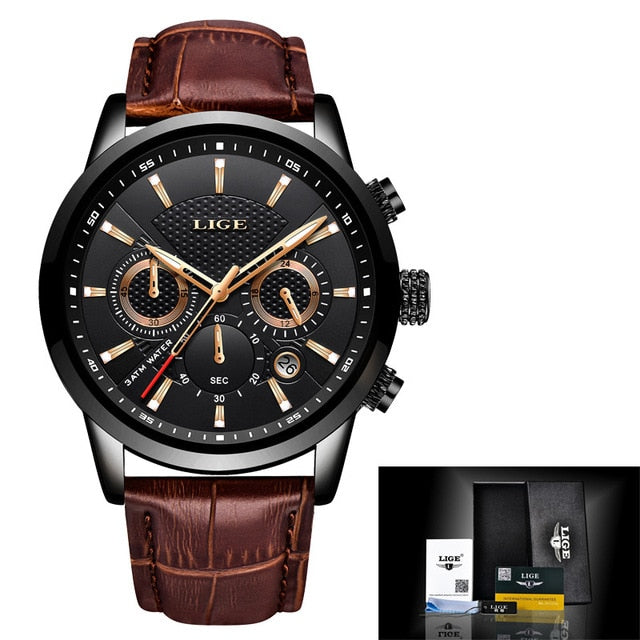 black face rose gold hands brown leather watch