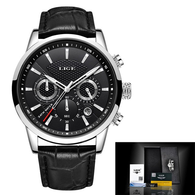 black face black leather stainless steel watch
