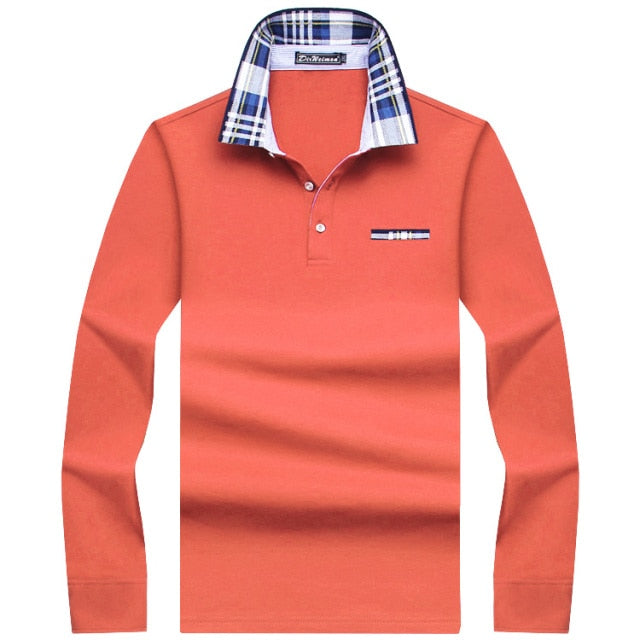 peach salmon button up long sleeve plaid collar polo shirt