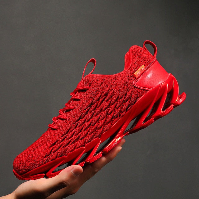 all red mesh blade sole running shoes