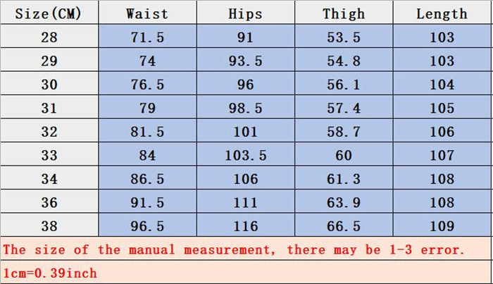 slim fit jeans size chart