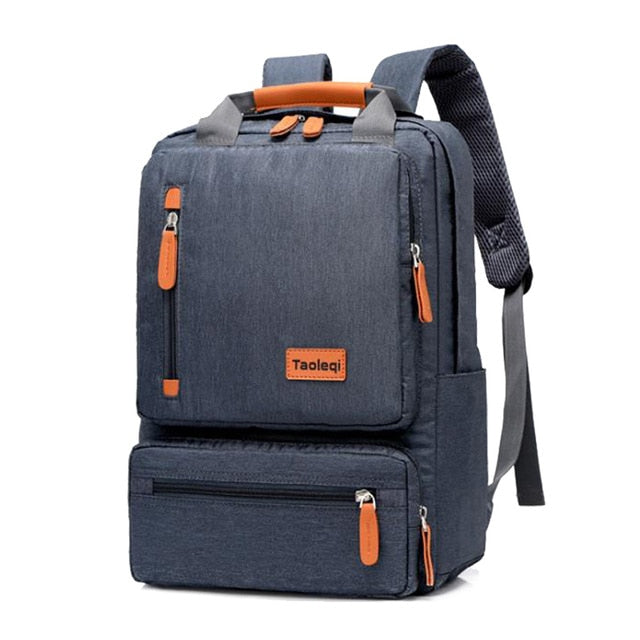 dark blue gray canvas camel leather accents laptop backpack