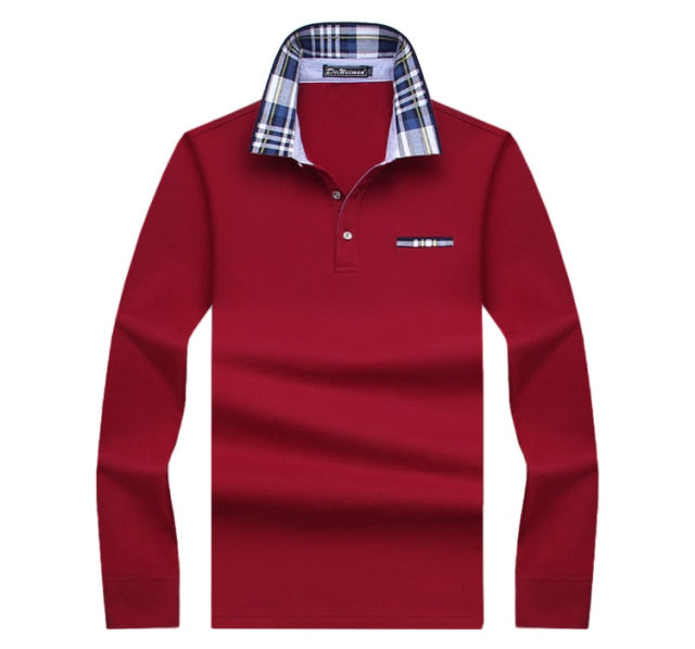 dark red button up long sleeve plaid collar polo shirt