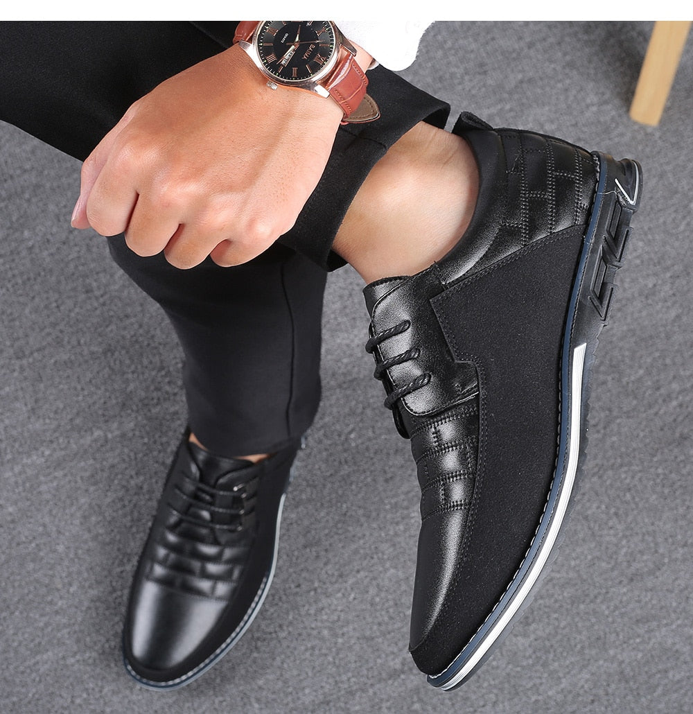 black leather and suede casual walking shoes men with watch