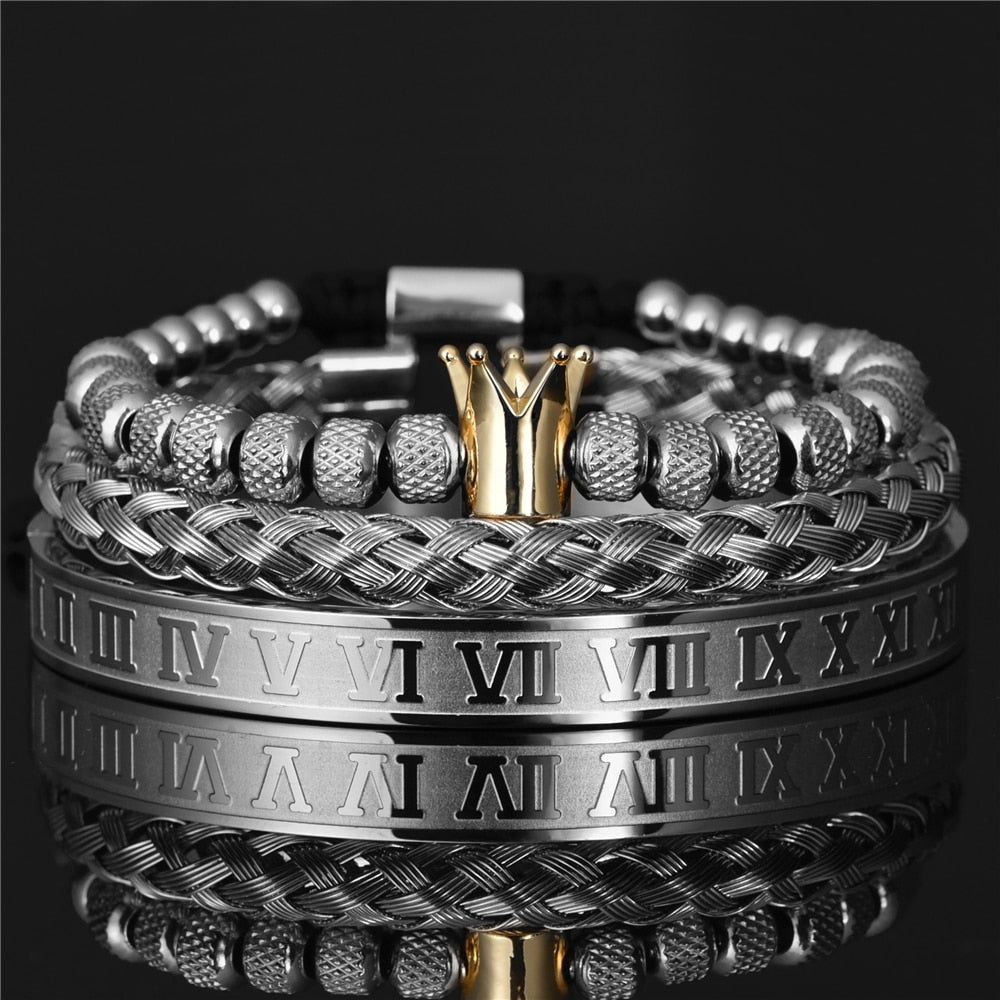 silver and gold roman numeral crown triple bracelet set