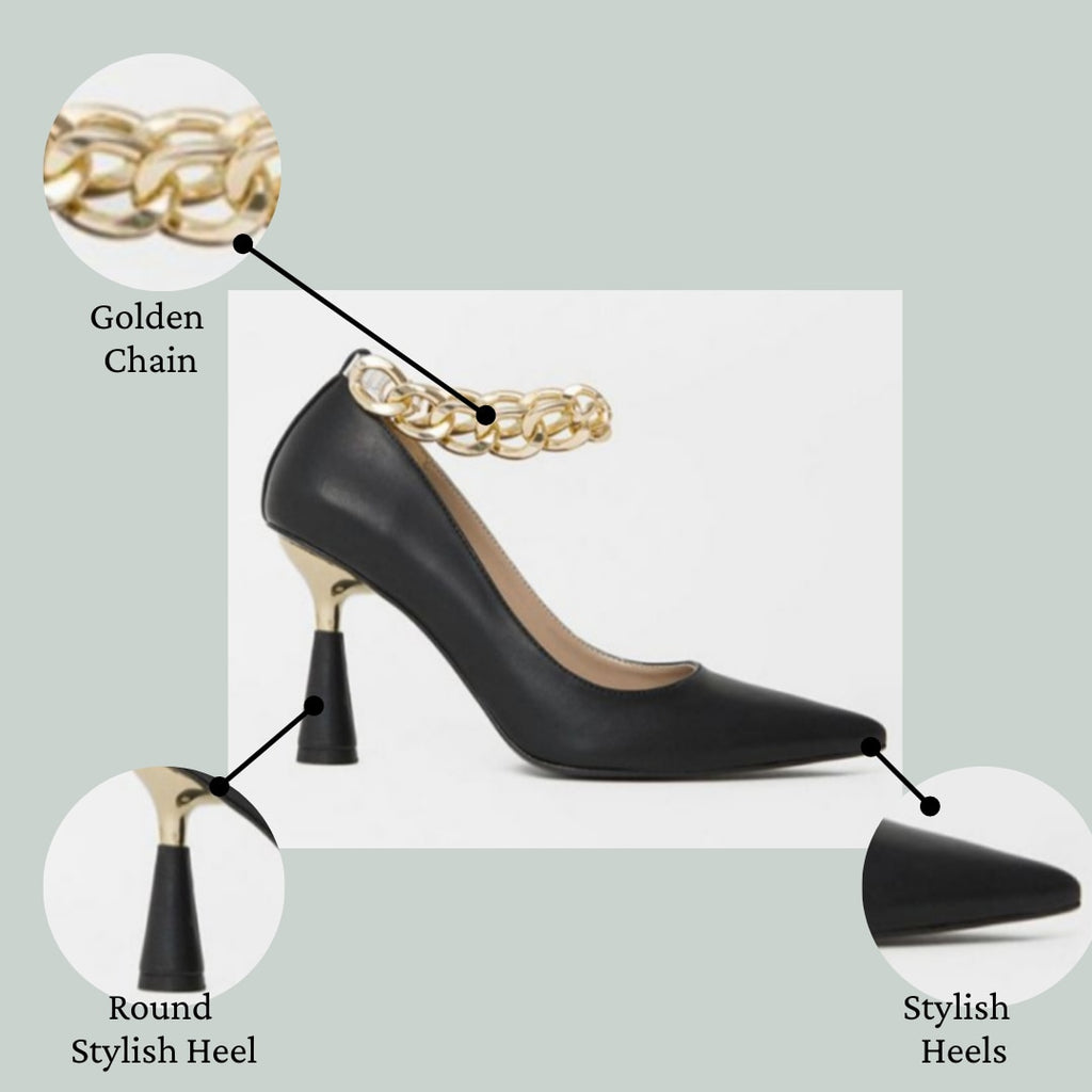 gold chain black heel pumps