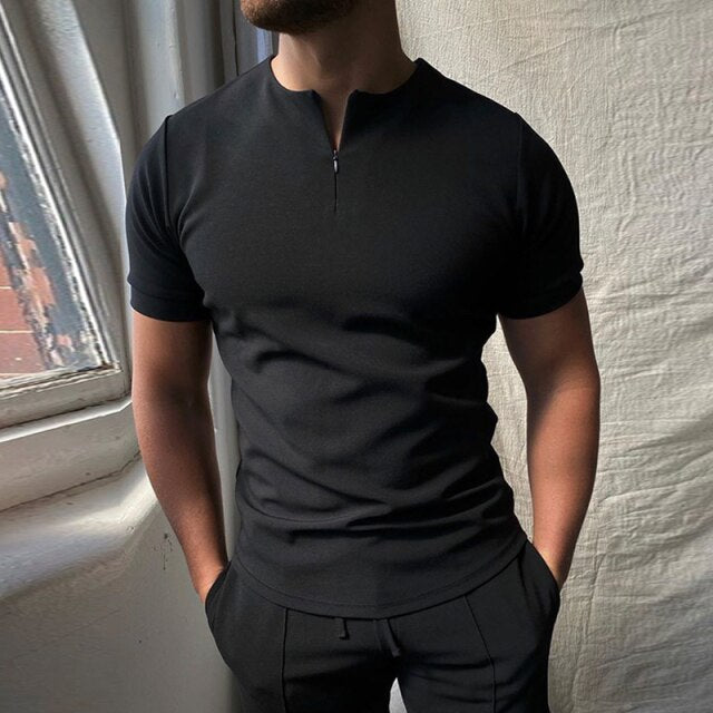 black zip-up neck collarless casual shirt