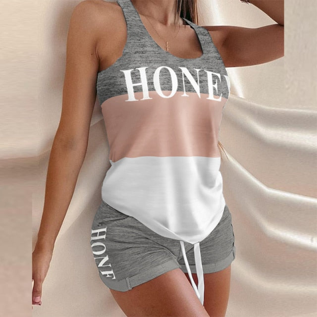 gray white pink honey short set women