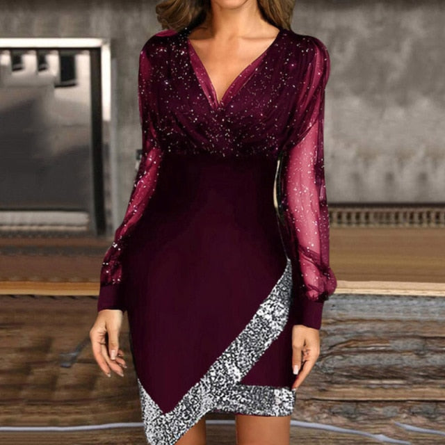 purple wine silver glittery long sleeve asymmetrical short dress 