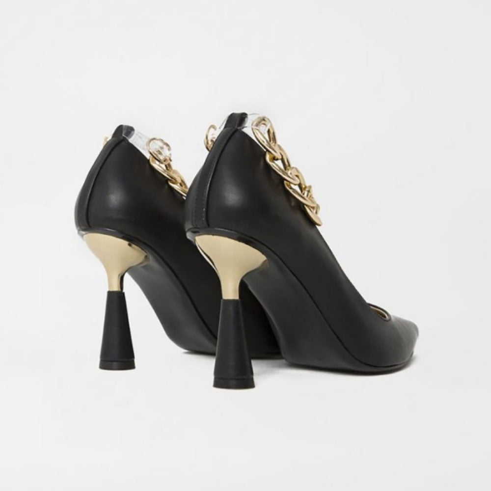 women's black leather and gold accent heels