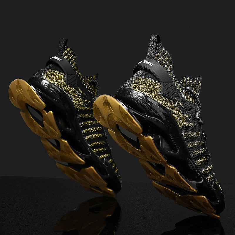 black and gold army wool air blade running shoes