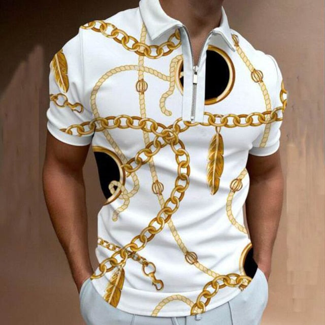 gold chain print zipper style polo shirt