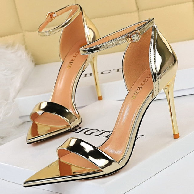 shiny metallic gold open toe strap high heel sandals