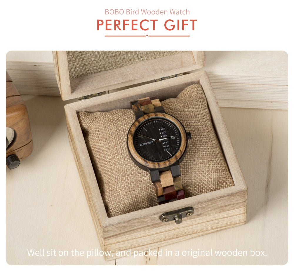 round wood watch in gift box