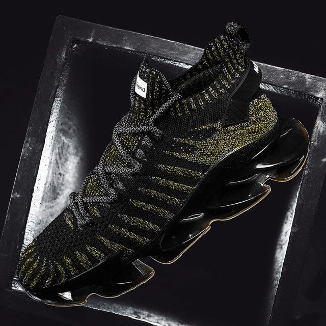 black and old gold mesh running shoes