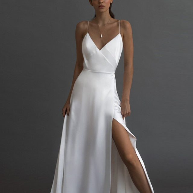 long gown high split v-neck spaghetti strap long dress white