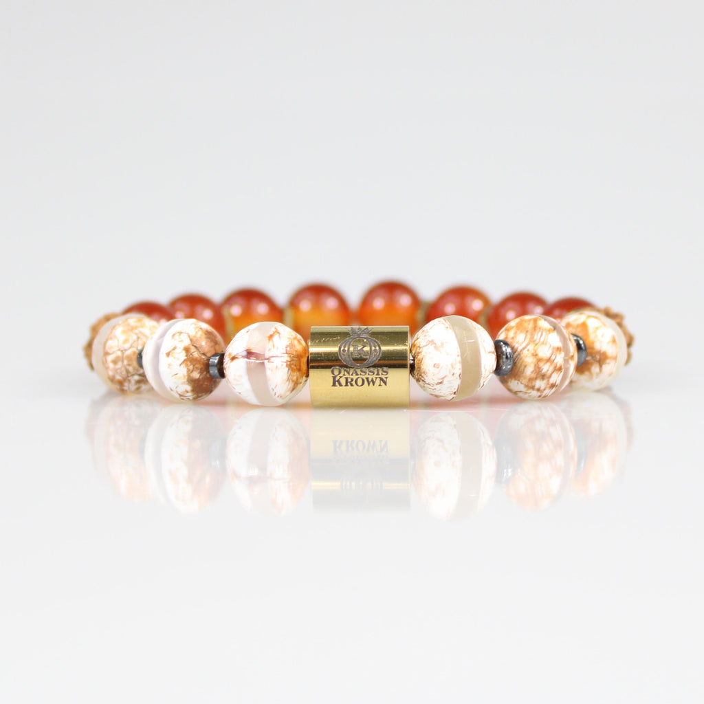 gold trident charm orange carnelian tigerskin rudraksha bead bracelet