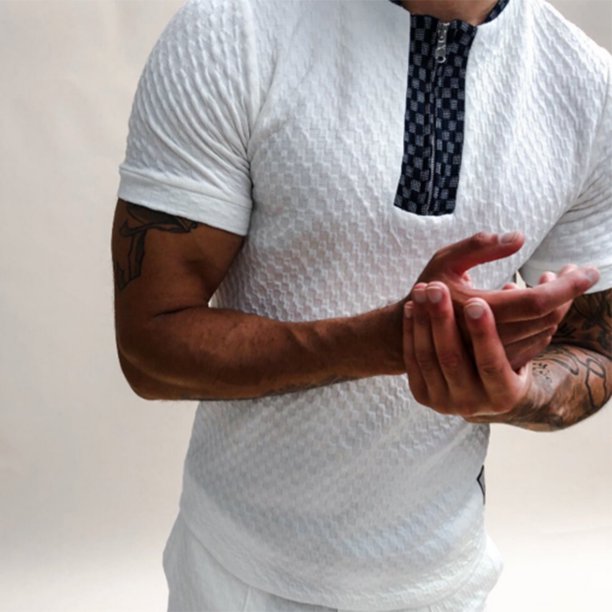 white collarless knitted fabric finish casual shirt black zipper
