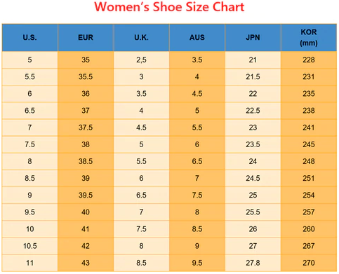 yellow & blue heels size chart