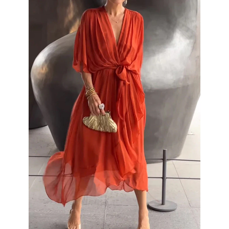 Batwing Sleeve V-neck Dress Summer Pure Color Tied Irregular Long Dres –  Onassis Krown