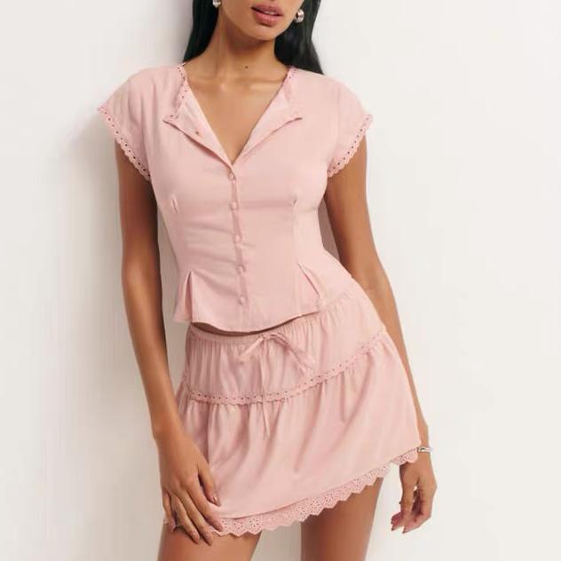 Women Lace Flying Sleeve Top Stitching High Waist Elastic Waist Skirt women-lace-flying-sleeve-top-stitching-high-waist-elastic-waist-skirt