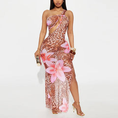 Women Clothing Diagonal Collar Hollow Out Cutout out See through Mesh Floral Print Dress