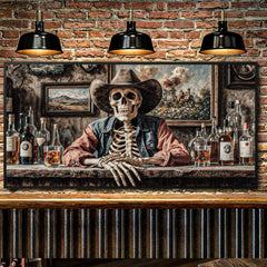 Skeleton Cowboy Barman At Western Saloon Wall Art
