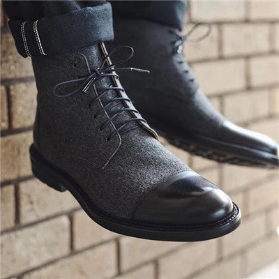 black leather and wool cap toe boots