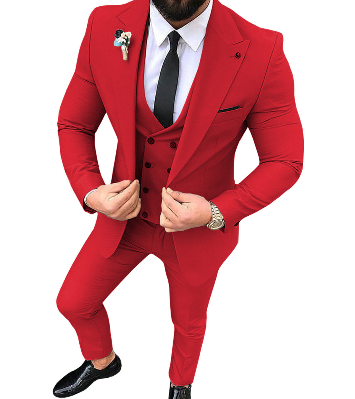 men's bright red three piece cocktail suit
