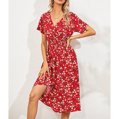 Boho V Neck Floral Print Short Sleeve Mini Dress Cute Smocked Waist Short Dress - Black / L - dress