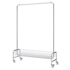Heavy Duty Iron Garment Rack With Basket On Wheels - Silver