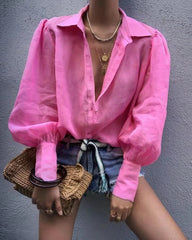 For Polo Collar Solid Color Single-Breasted Lantern Sleeve Cotton Long-Sleeved Shirt For Women