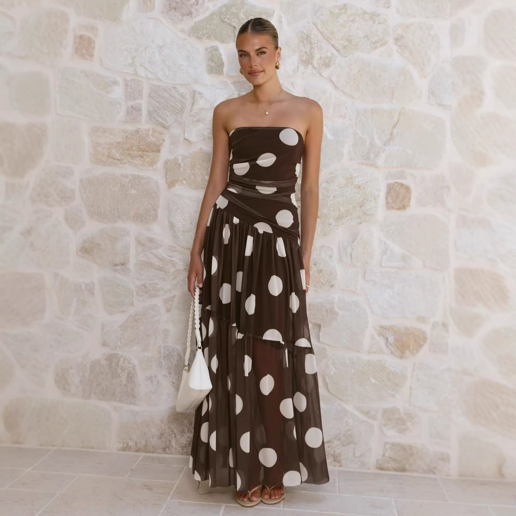 brown polka dot off the shoulder dress Goods Summer Polka Dot Print Wrapped Chest off Shoulder Mesh Maxi Dres –  Onassis Krown