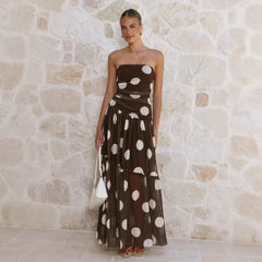 Goods Summer Polka Dot Print Wrapped Chest off Shoulder Mesh Maxi Dress
