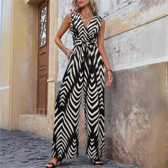 Fashionable High Waist Lace-up Wide Leg Jumpsuit For Women - L / Apricot Bottom Black Leaves - jumpsuit