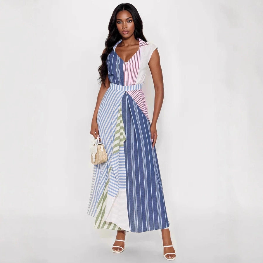 contrast a line dress Women Clothes Cool Color Patchwork Stripes V neck Irreg – Onassis Krown Color:blue/multi