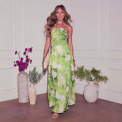 Elegant Spaghetti Strap Floral Print Maxi Dress Women Clothing Spring Summer