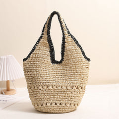 Large Capacity One Shoulder Straw Bag Casual Hollow Out Cutout Portable Straw Bag Woven Bag Women Seaside Vacation Beach Bag