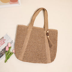 Women Solid Color Woven Bag Large Capacity Shoulder Straw Bag Vacation Beach Bag Women Bag