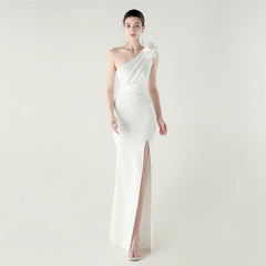 One Shoulder Three Dimensional Floral Satin Folding High Slit Sexy Evening Dress Dinner Wedding Social