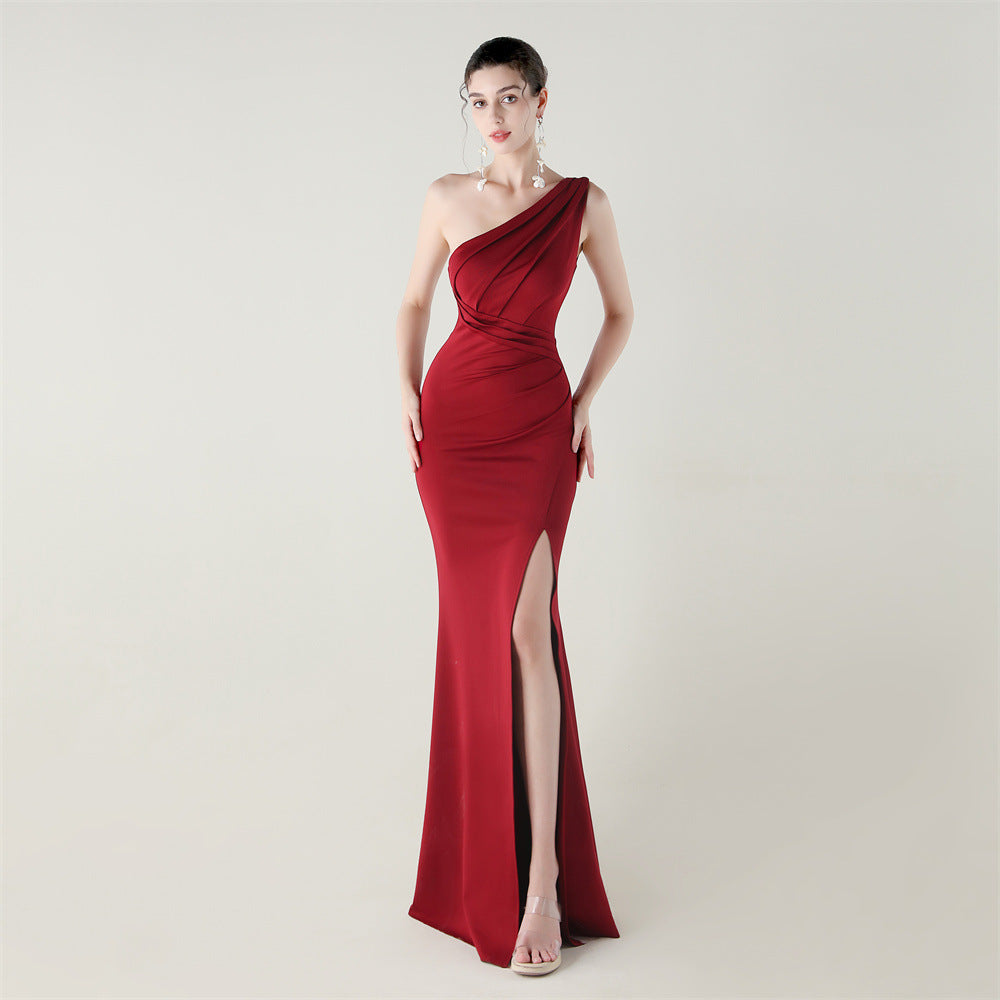 sexy dress for dinner One Shoulder Slim Fit Satin Folding High Slit Sexy Evening Dress Fisht – Onassis Krown