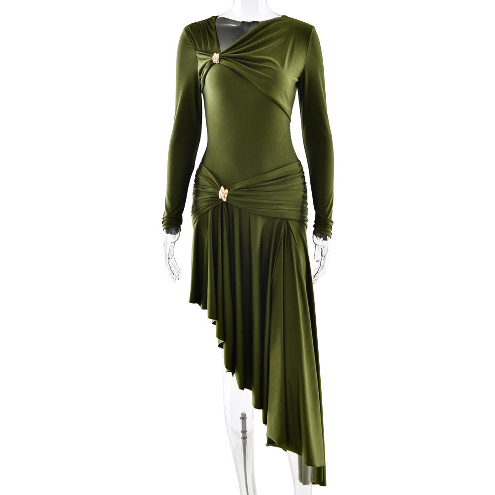 irregular pleated dress women Autumn Winter Graceful Fashionable Slim Sexy Irreg – Onassis Krown Freddie White Lace Satin Size:13WC 060226email 3cm differs due to